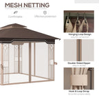 12' x 10' Patio Gazebo with Double Tier Roof and Netting Sidewalls, Brown