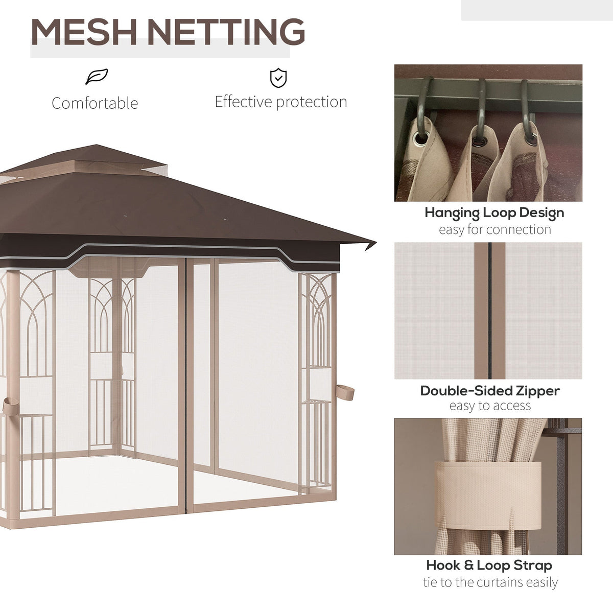12' x 10' Patio Gazebo with Double Tier Roof and Netting Sidewalls, Brown