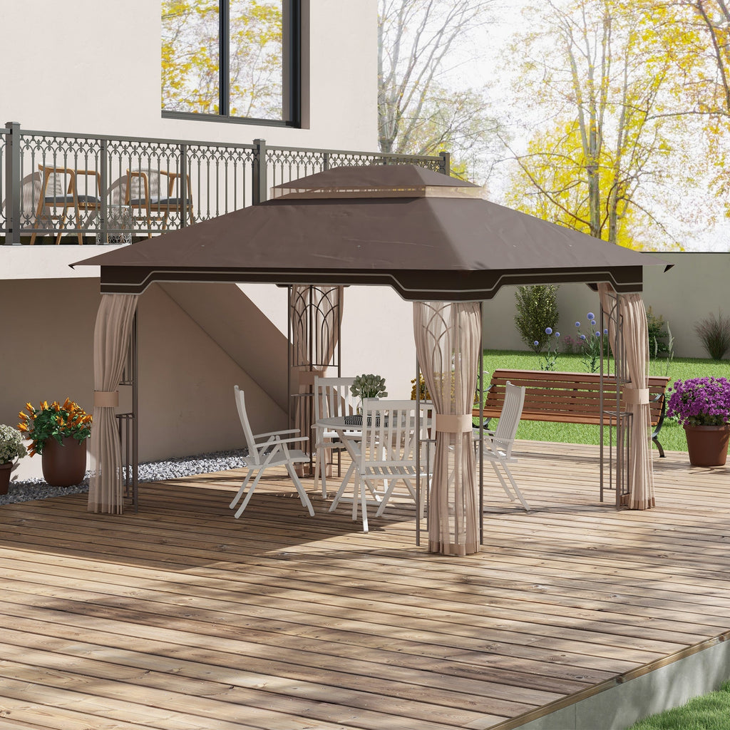 12' x 10' Patio Gazebo with Double Tier Roof and Netting Sidewalls, Brown