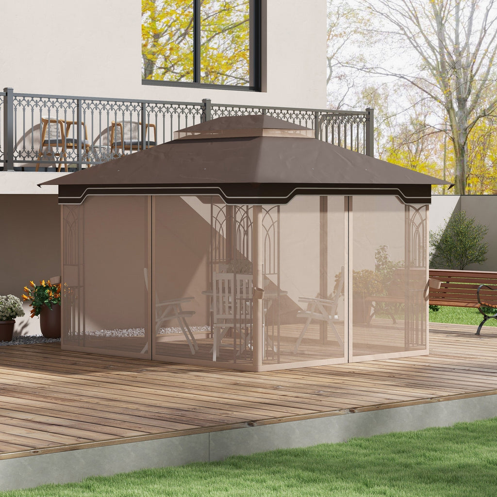 12' x 10' Patio Gazebo with Double Tier Roof and Netting Sidewalls, Brown