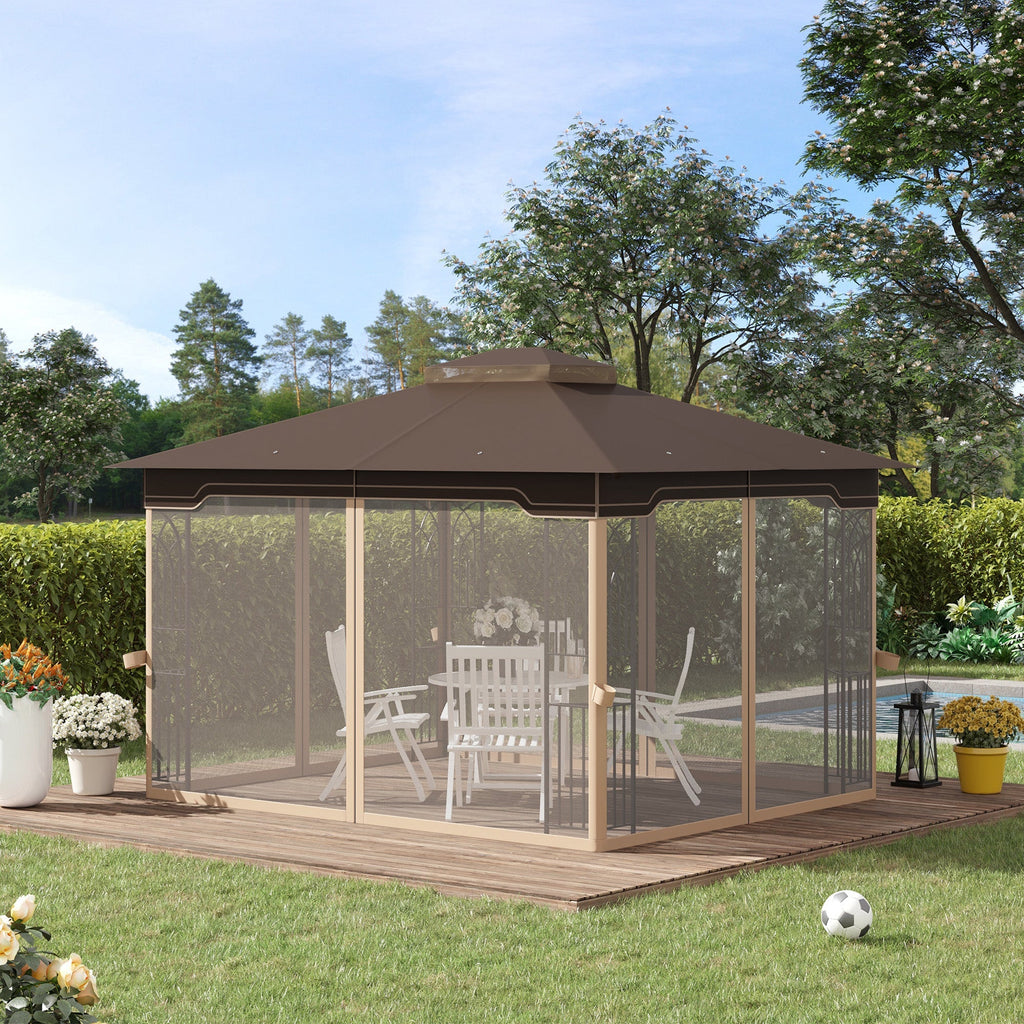 12' x 10' Patio Gazebo with Double Tier Roof and Netting Sidewalls, Brown