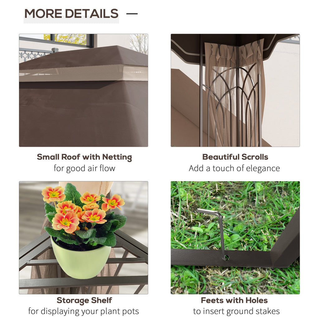 12' x 10' Patio Gazebo with Double Tier Roof and Netting Sidewalls, Brown