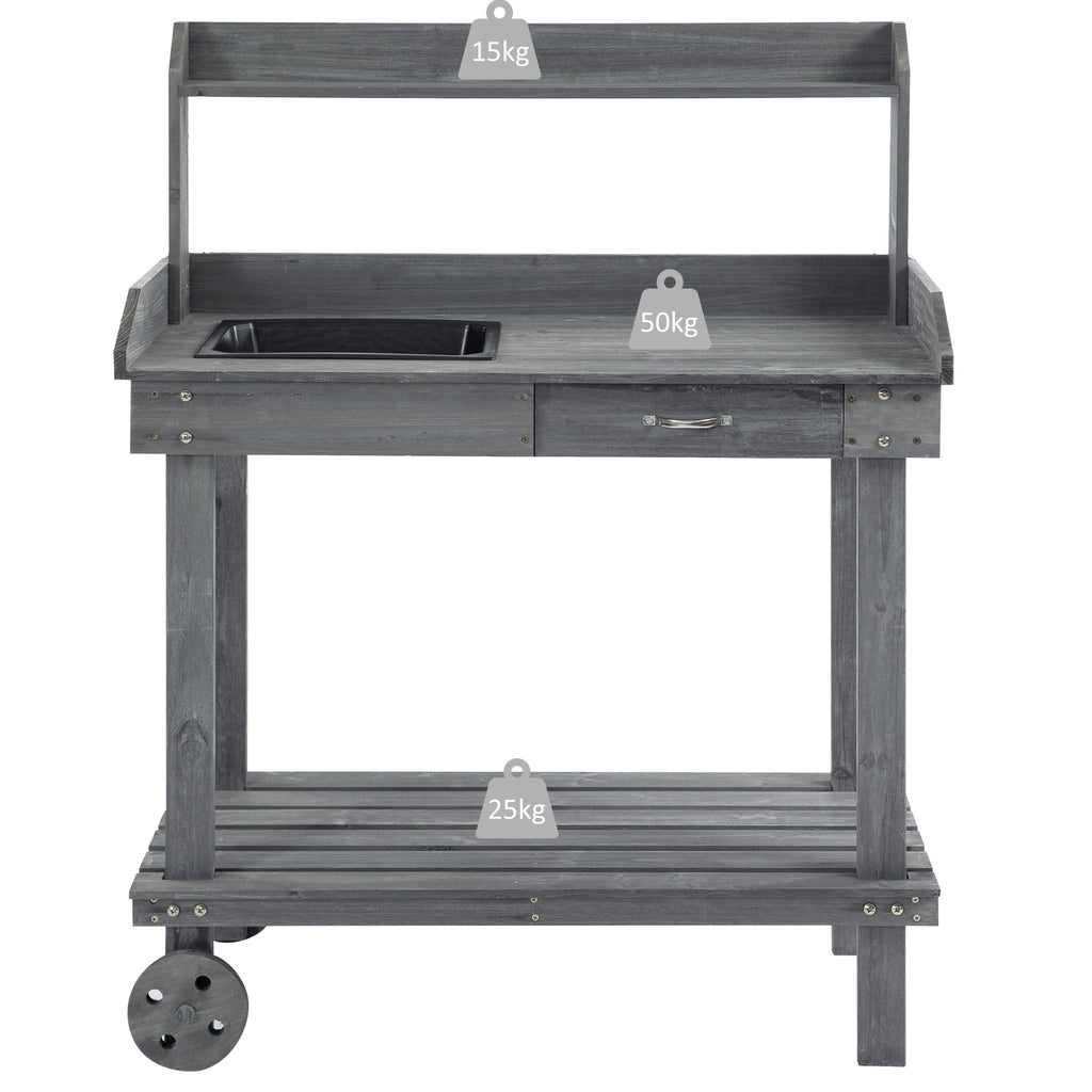 36" Wooden Potting Bench with Sink & Removable Wheels, Gray