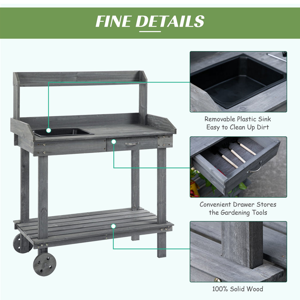 36" Wooden Potting Bench with Sink & Removable Wheels, Gray