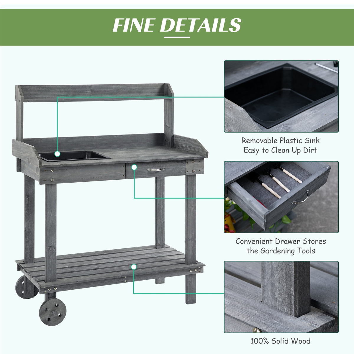 36" Wooden Potting Bench with Sink & Removable Wheels, Gray
