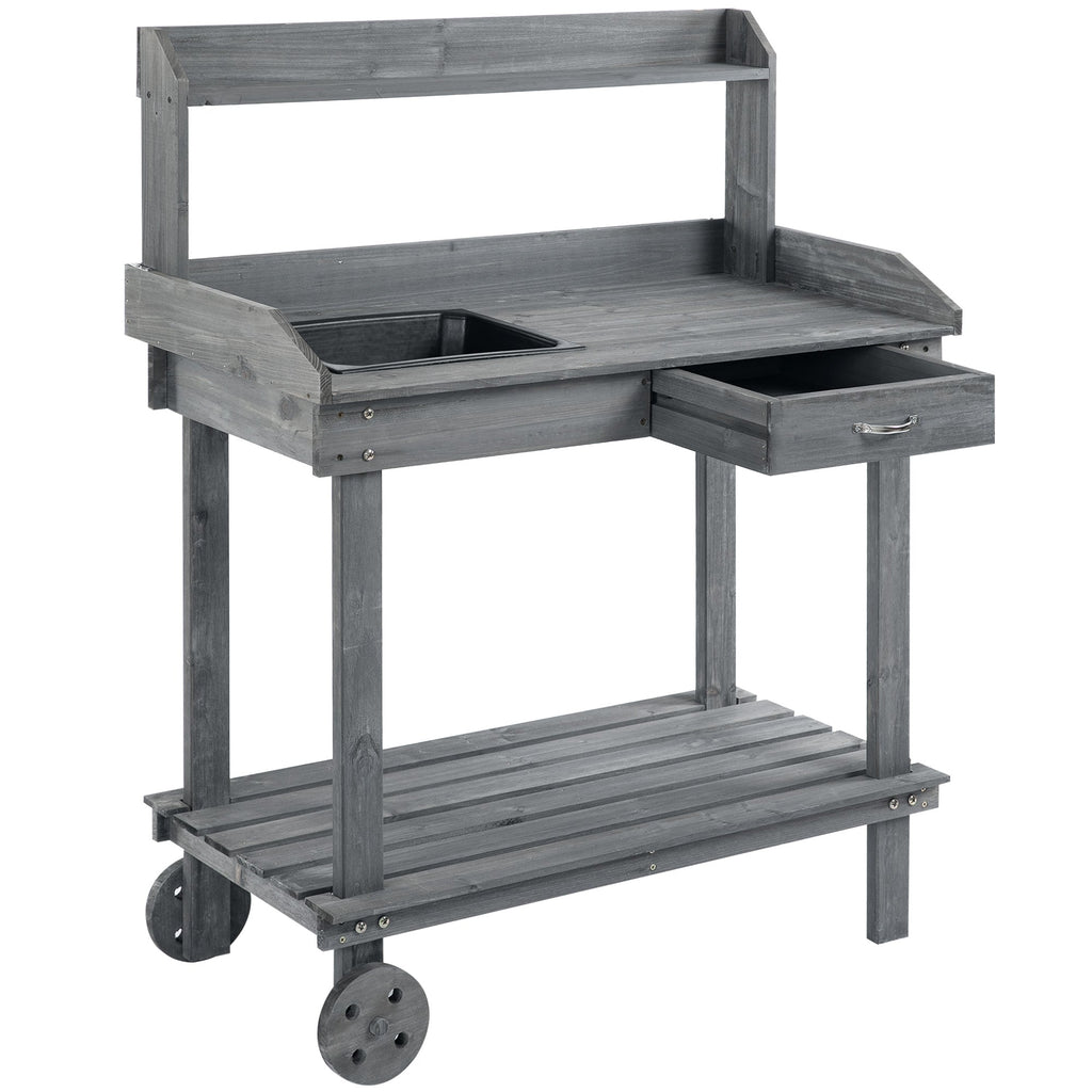 36" Wooden Potting Bench with Sink & Removable Wheels, Gray