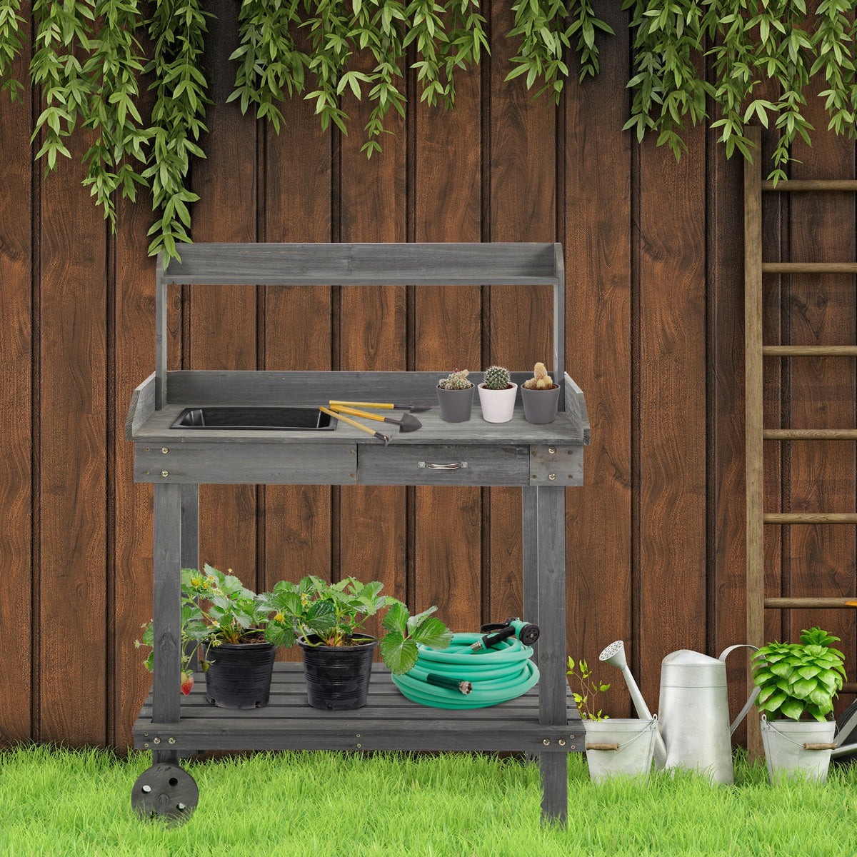 36" Wooden Potting Bench with Sink & Removable Wheels, Gray