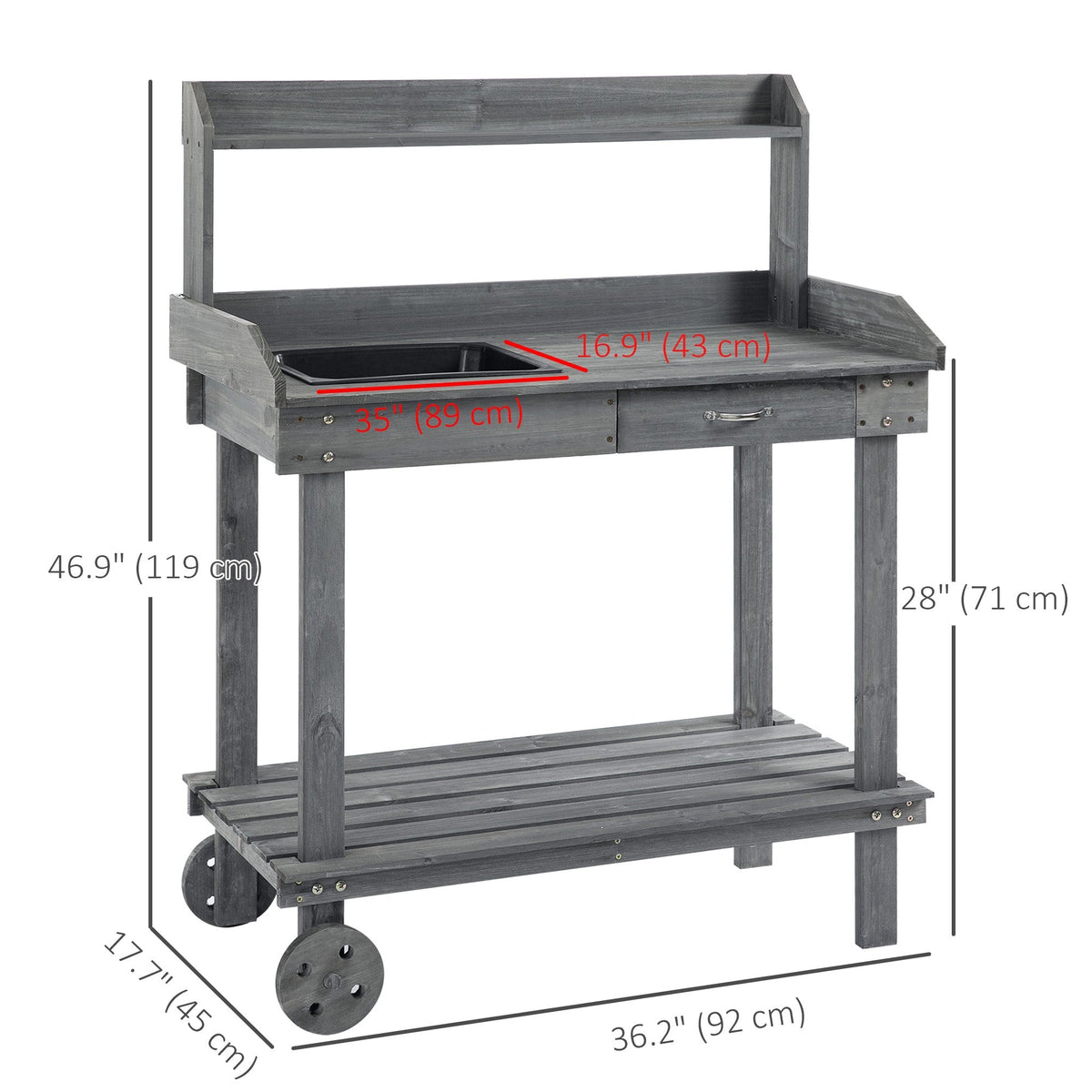 36" Wooden Potting Bench with Sink & Removable Wheels, Gray