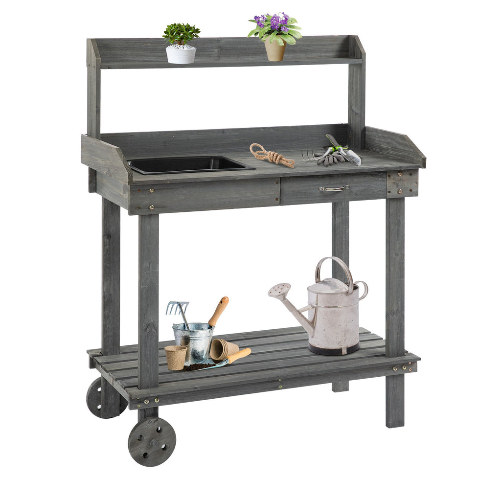 36" Wooden Potting Bench with Sink & Removable Wheels, Gray
