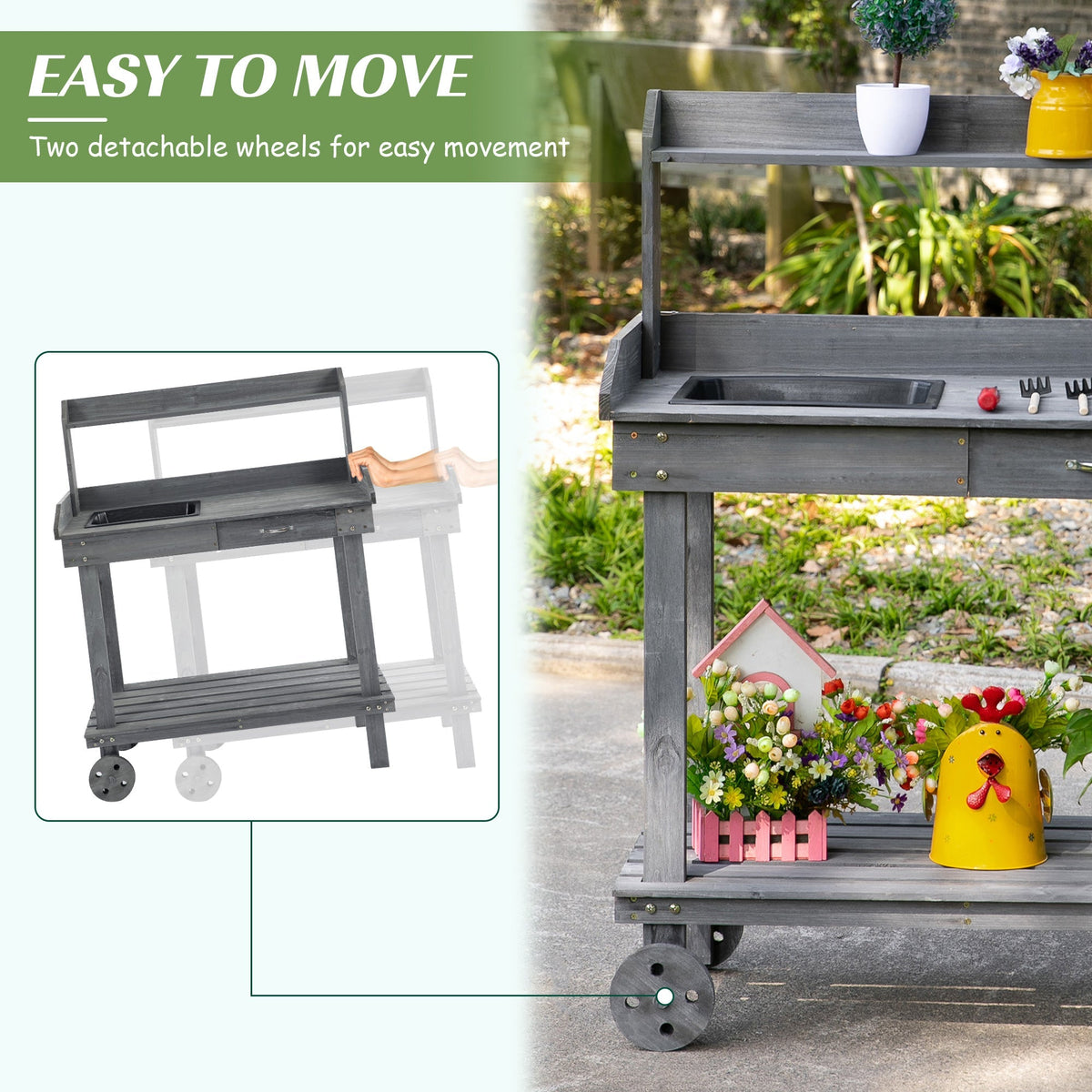 36" Wooden Potting Bench with Sink & Removable Wheels, Gray