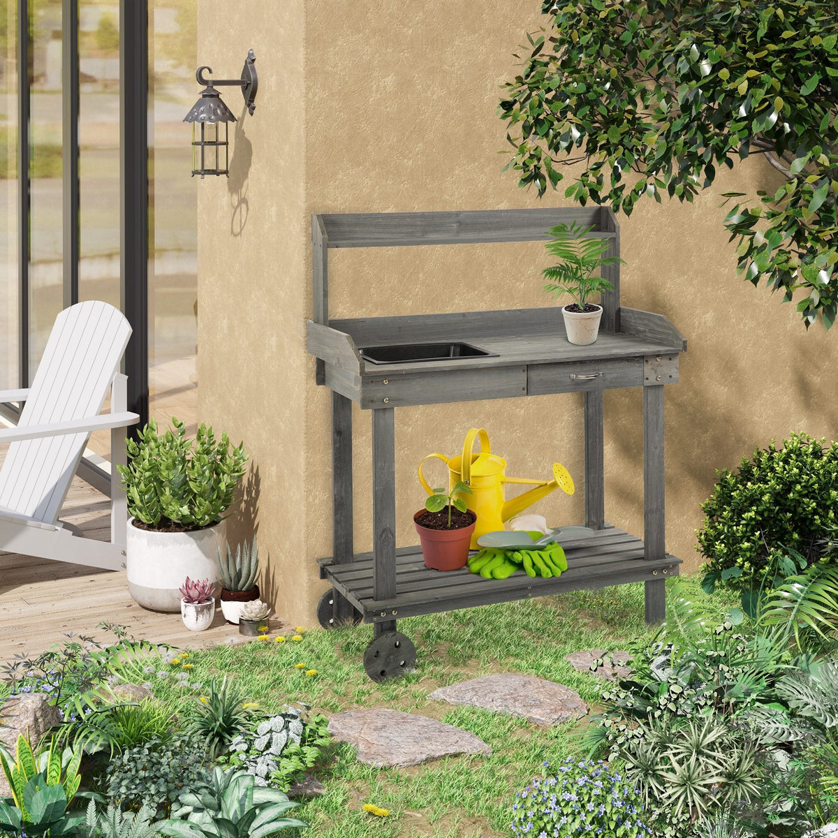 36" Wooden Potting Bench with Sink & Removable Wheels, Gray