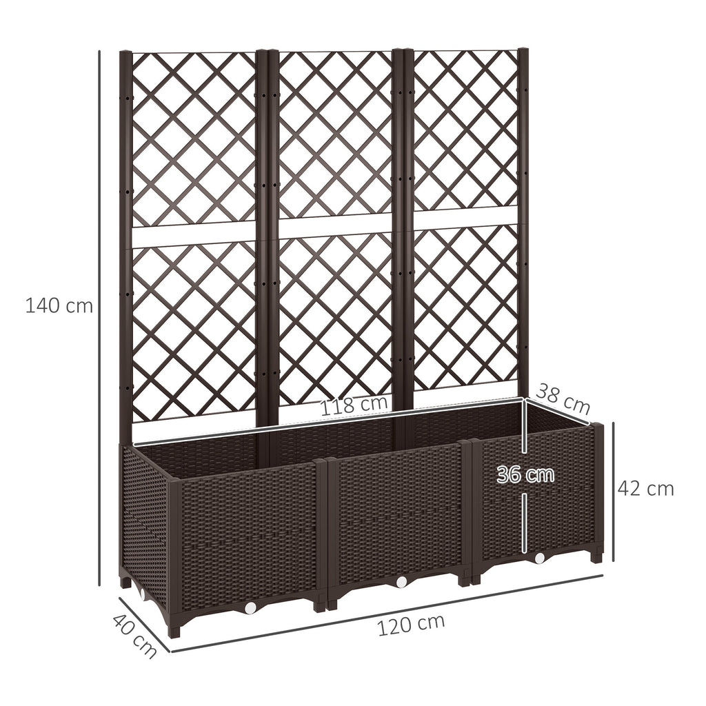 Raised Garden Bed with Trellis and Drain Plugs for Climbing Plants and Flowers, Brown