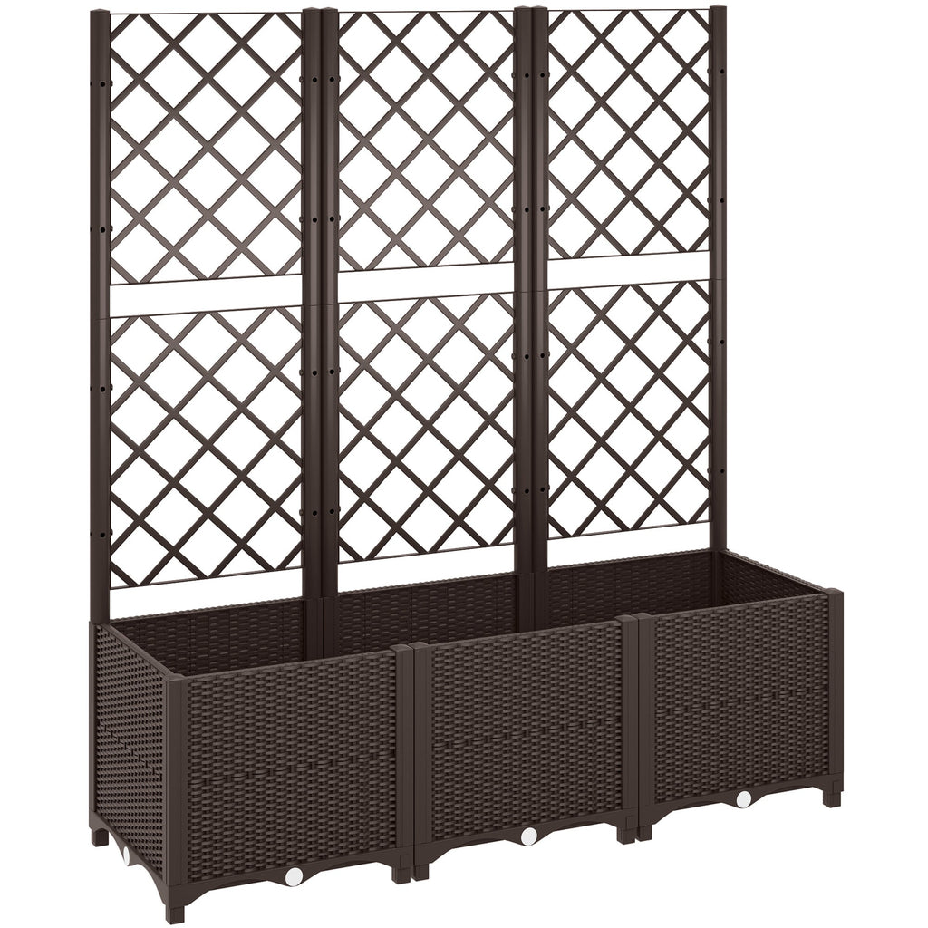 Raised Garden Bed with Trellis and Drain Plugs for Climbing Plants and Flowers, Brown