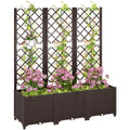 Raised Garden Bed with Trellis and Drain Plugs for Climbing Plants and Flowers, Brown