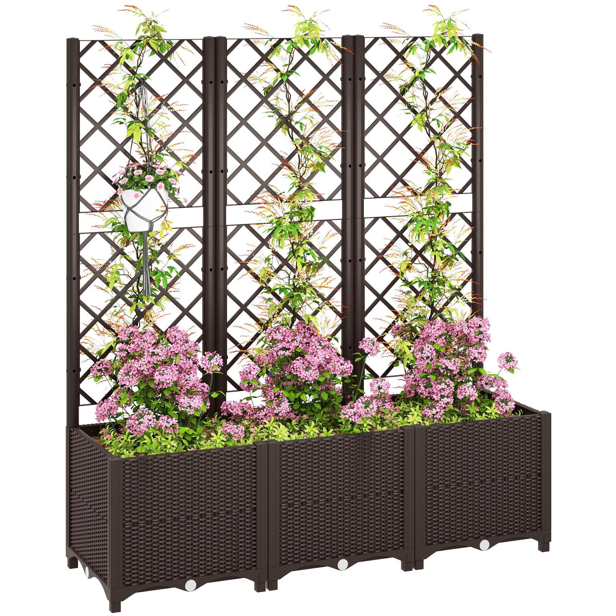 Raised Garden Bed with Trellis and Drain Plugs for Climbing Plants and Flowers, Brown