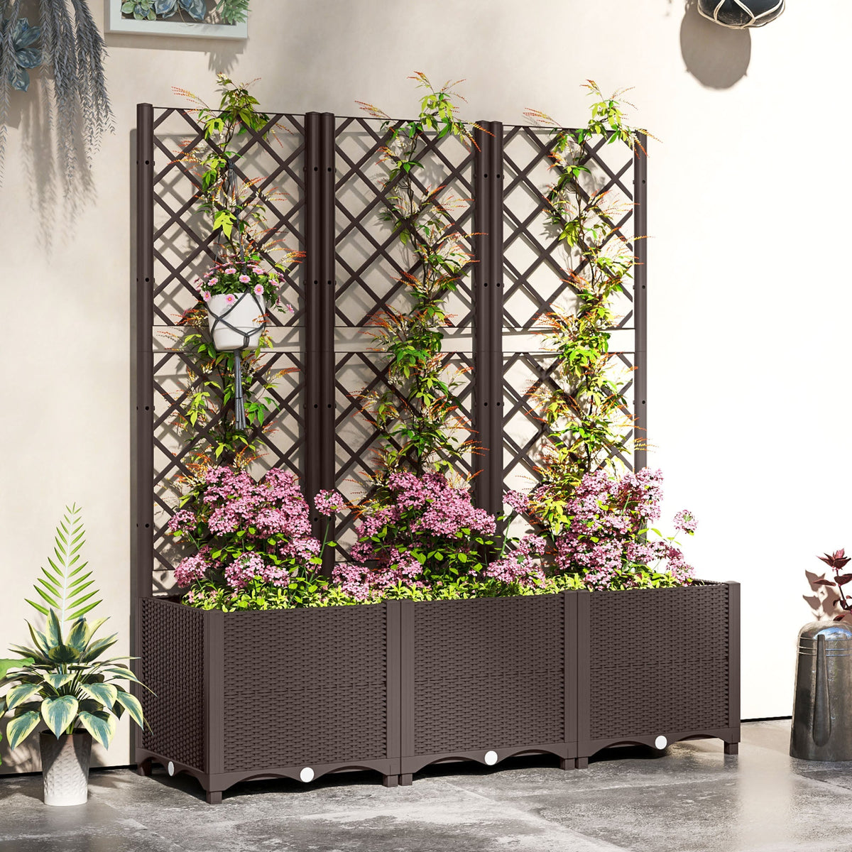 Raised Garden Bed with Trellis and Drain Plugs for Climbing Plants and Flowers, Brown