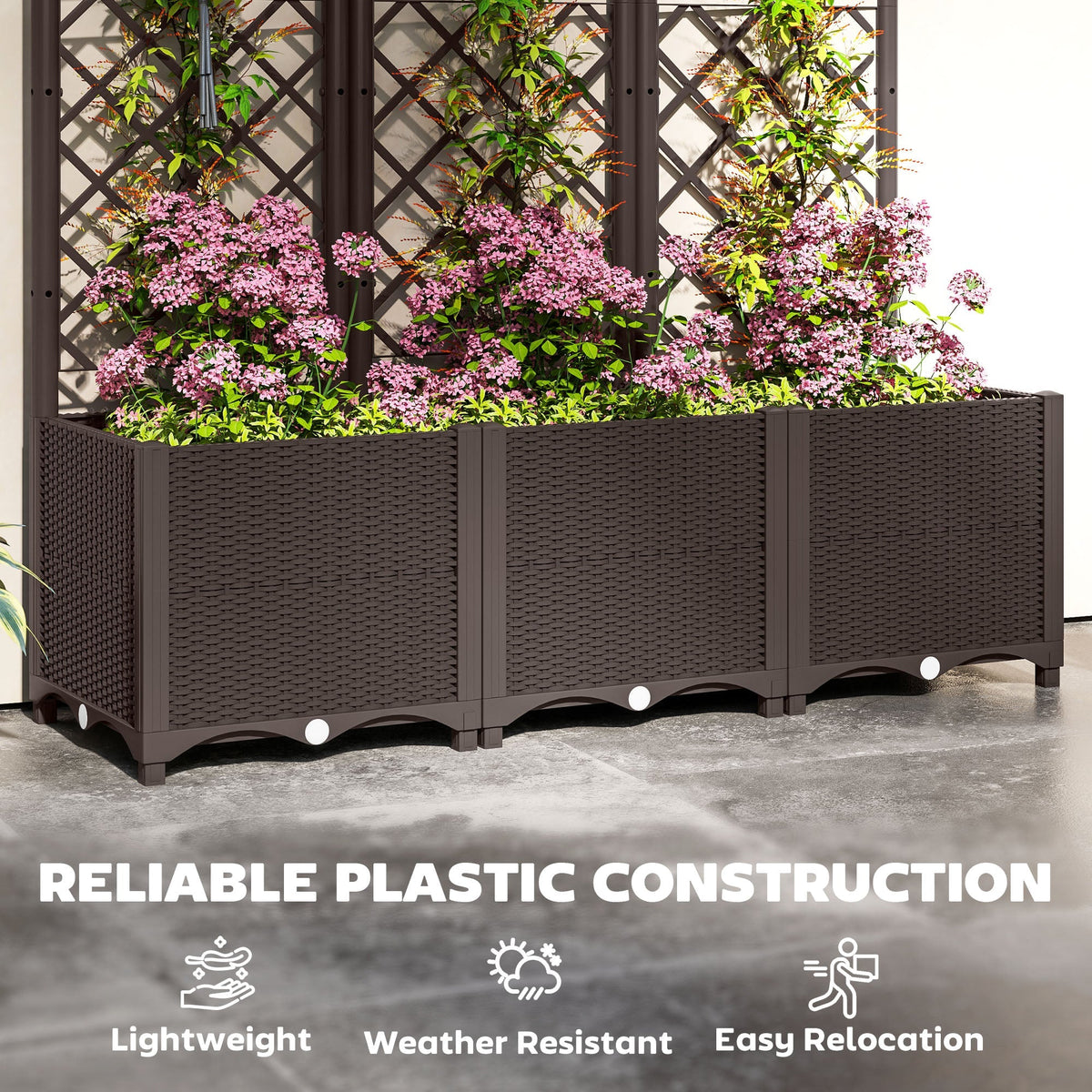 Raised Garden Bed with Trellis and Drain Plugs for Climbing Plants and Flowers, Brown