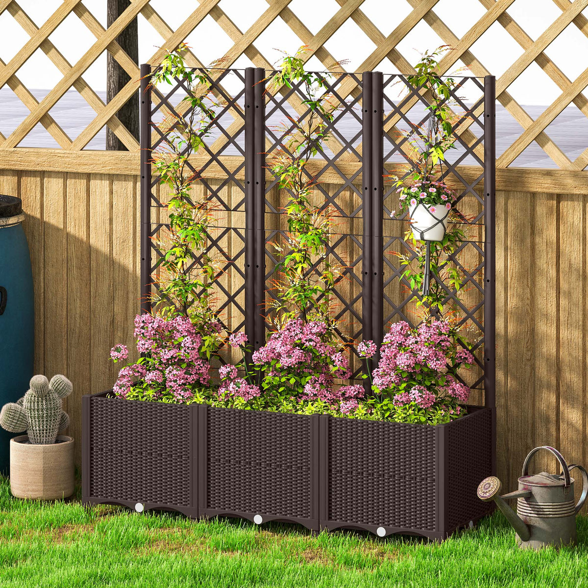 Raised Garden Bed with Trellis and Drain Plugs for Climbing Plants and Flowers, Brown