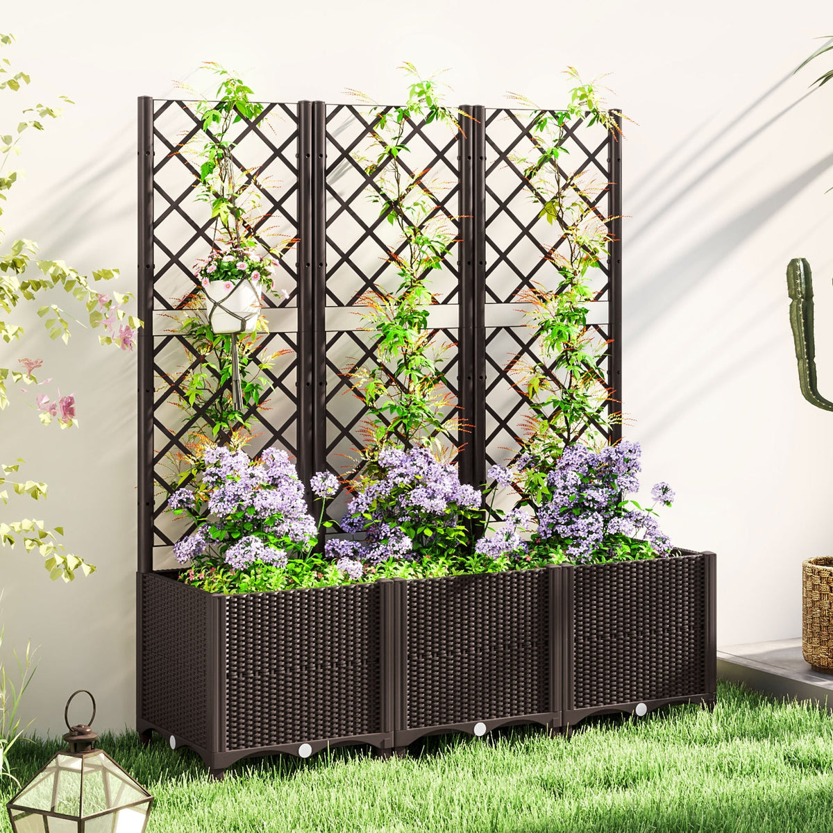 Raised Garden Bed with Trellis and Drain Plugs for Climbing Plants and Flowers, Brown