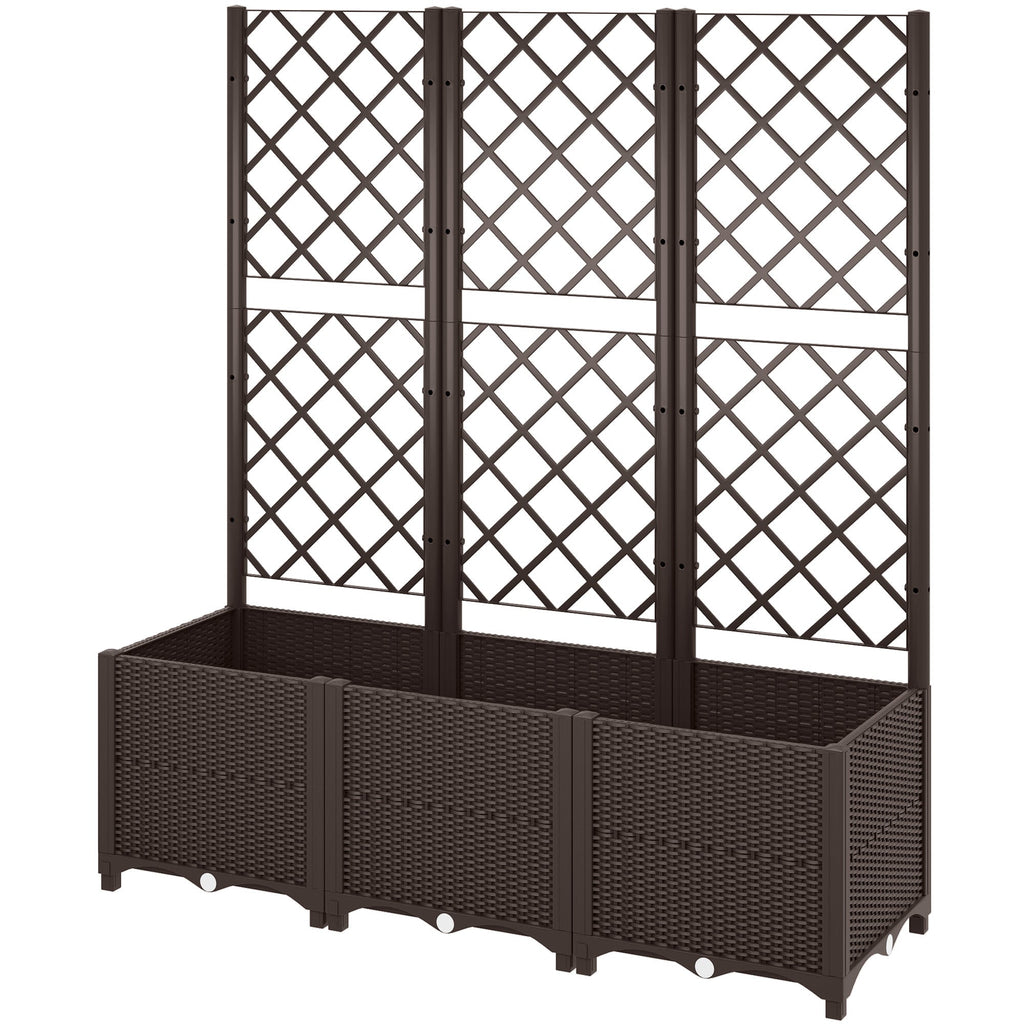 Raised Garden Bed with Trellis and Drain Plugs for Climbing Plants and Flowers, Brown