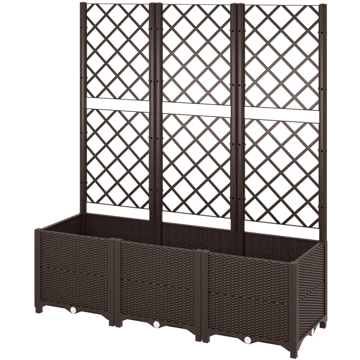 Raised Garden Bed with Trellis and Drain Plugs for Climbing Plants and Flowers, Brown