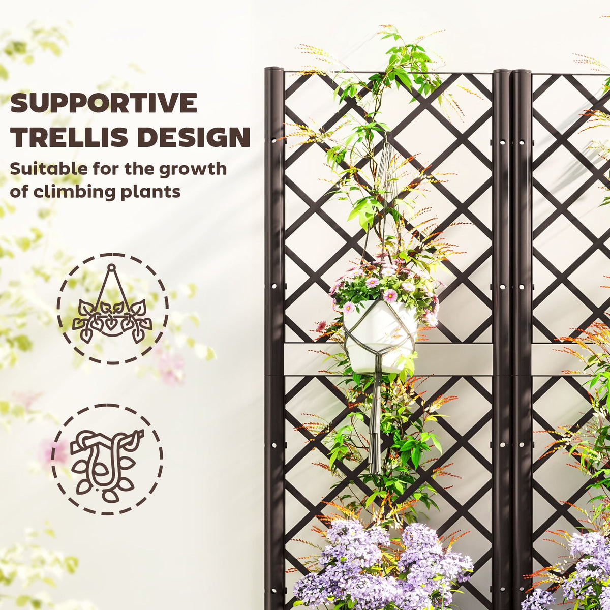 Raised Garden Bed with Trellis and Drain Plugs for Climbing Plants and Flowers, Brown