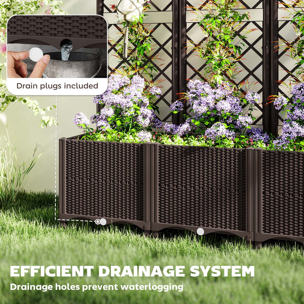 Raised Garden Bed with Trellis and Drain Plugs for Climbing Plants and Flowers, Brown