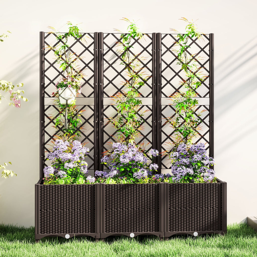 Raised Garden Bed with Trellis and Drain Plugs for Climbing Plants and Flowers, Brown