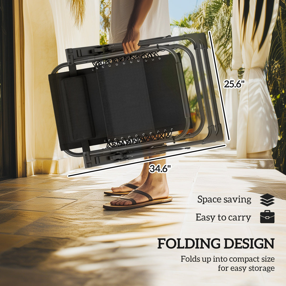 2-Piece Reclining Folding Lounge Chair with Cushion, Headrest & Side Tray, Black