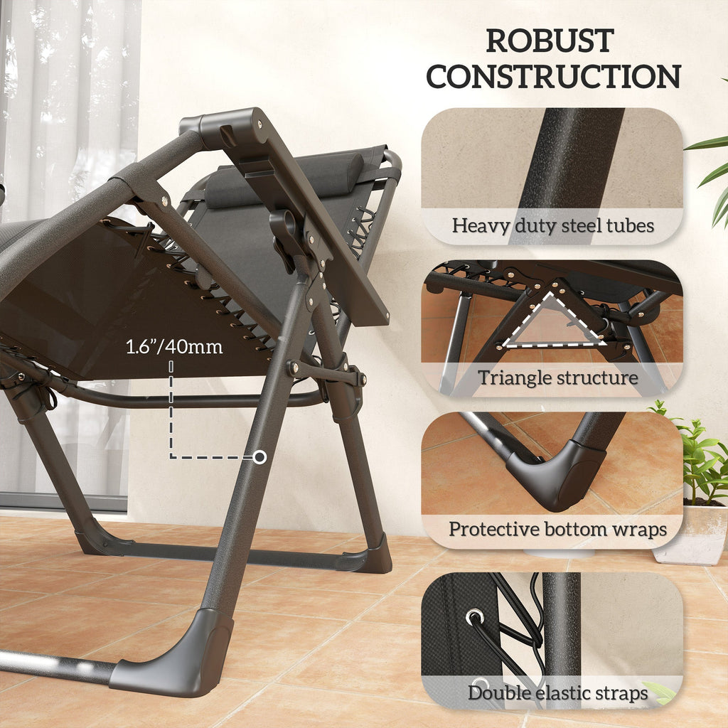 2-Piece Reclining Folding Lounge Chair with Cushion, Headrest & Side Tray, Black