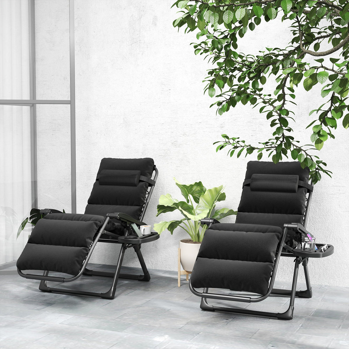 2-Piece Reclining Folding Lounge Chair with Cushion, Headrest & Side Tray, Black
