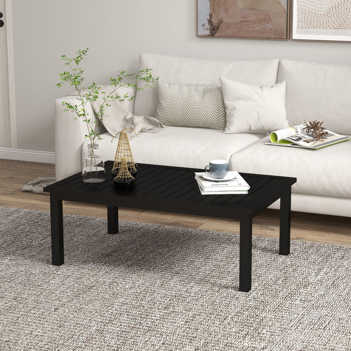 Aluminium Patio Side Table with Wood Grain Effect & Slat Tabletop, 100cm x 60cm, Black