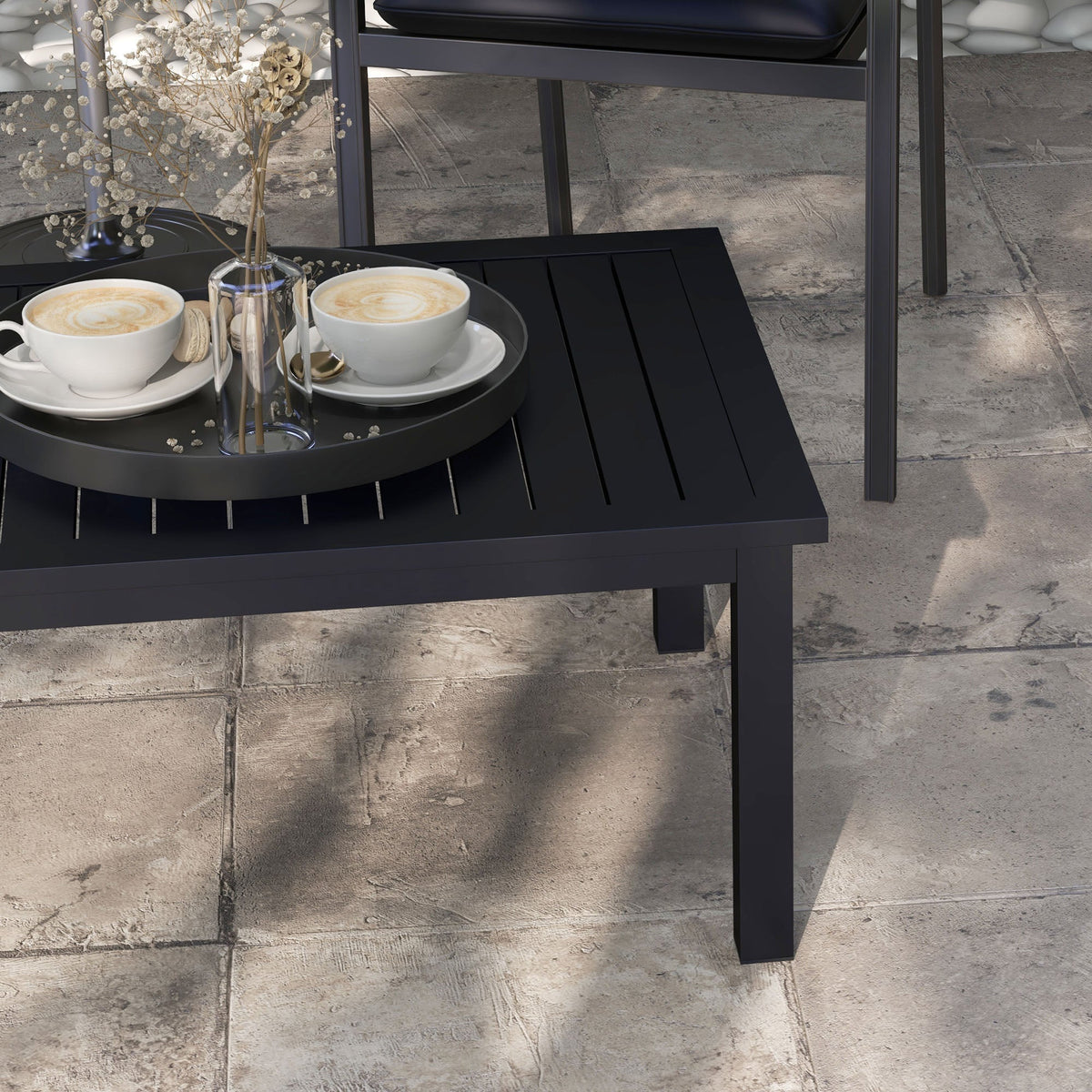 Aluminium Patio Side Table with Wood Grain Effect & Slat Tabletop, 100cm x 60cm, Black