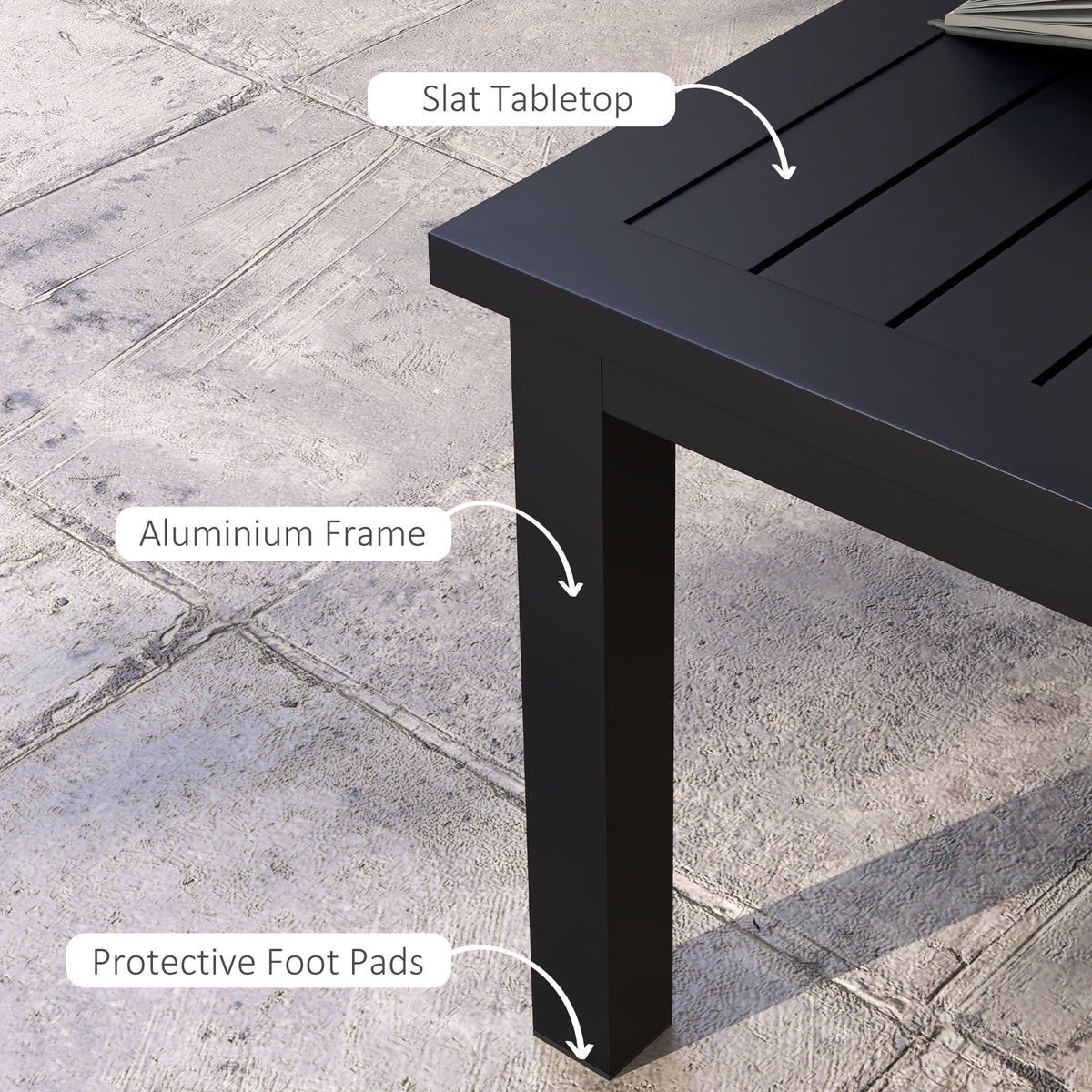 Aluminium Patio Side Table with Wood Grain Effect & Slat Tabletop, 100cm x 60cm, Black
