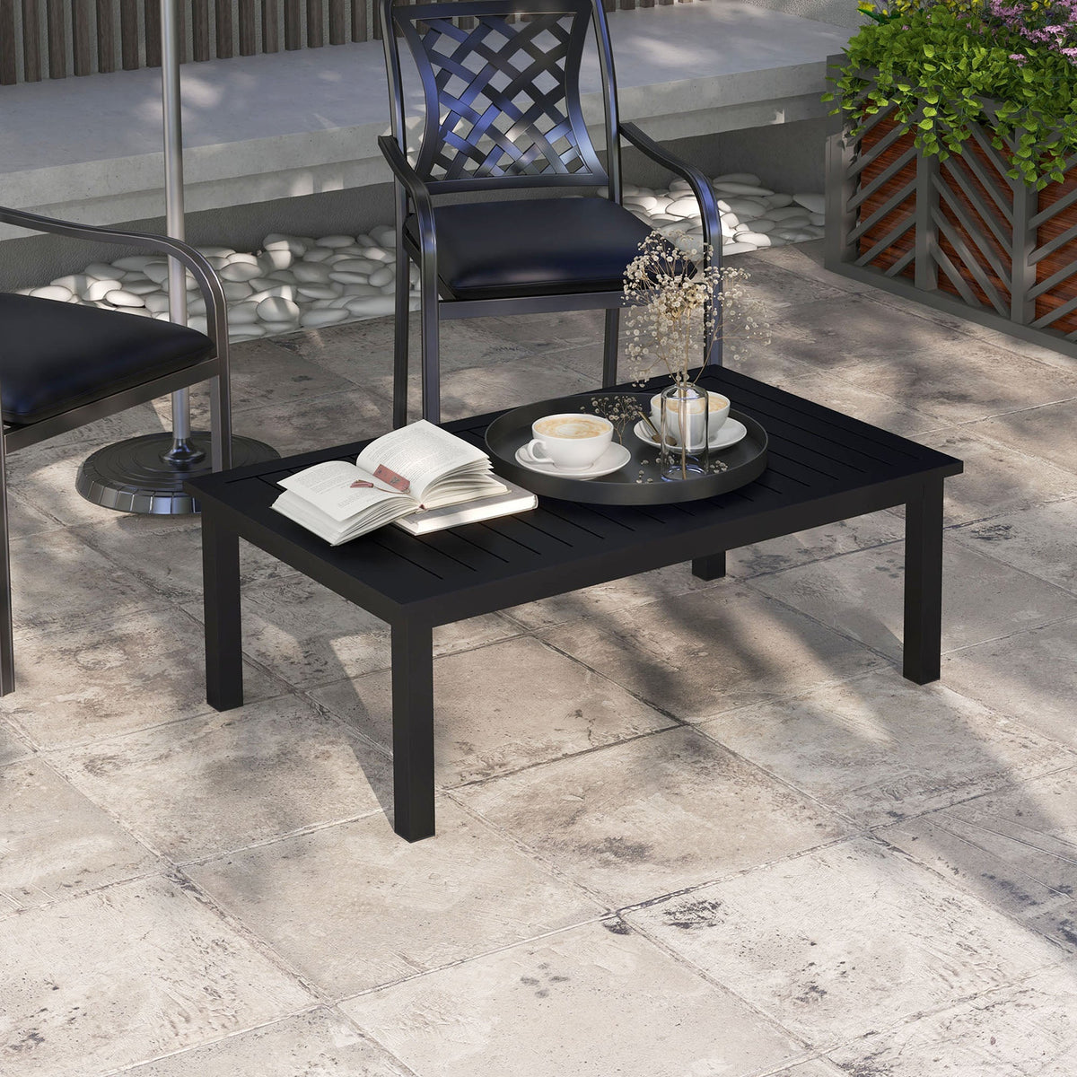 Aluminium Patio Side Table with Wood Grain Effect & Slat Tabletop, 100cm x 60cm, Black