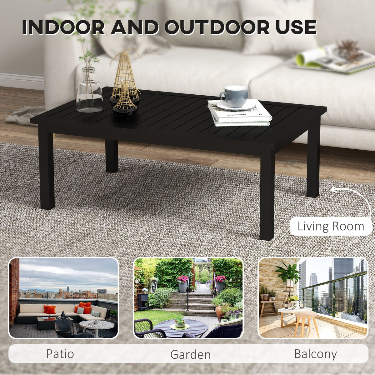 Aluminium Patio Side Table with Wood Grain Effect & Slat Tabletop, 100cm x 60cm, Black