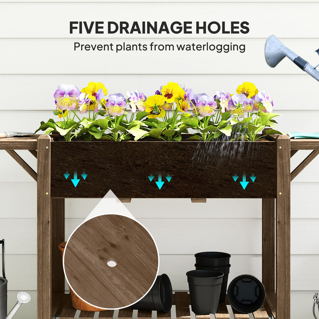 Wooden Elevated Planter Box with Lockable Wheels, Side Tables and Bottom Shelf, Carbonised