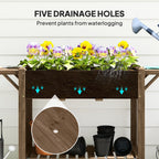 Wooden Elevated Planter Box with Lockable Wheels, Side Tables and Bottom Shelf, Carbonised