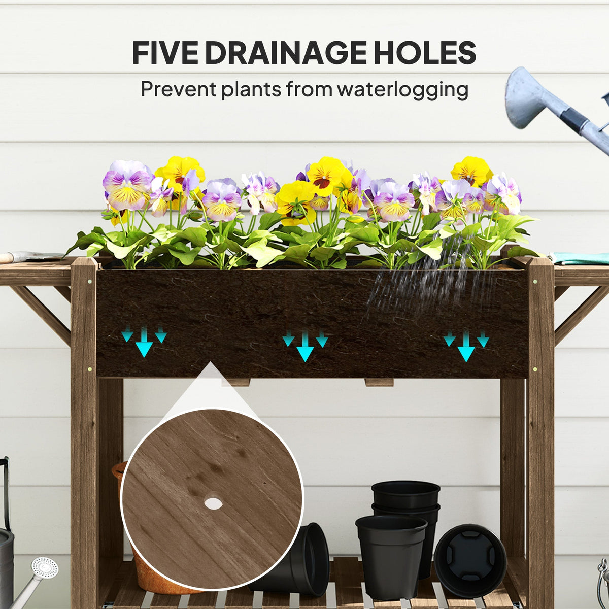 Wooden Elevated Planter Box with Lockable Wheels, Side Tables and Bottom Shelf, Carbonised