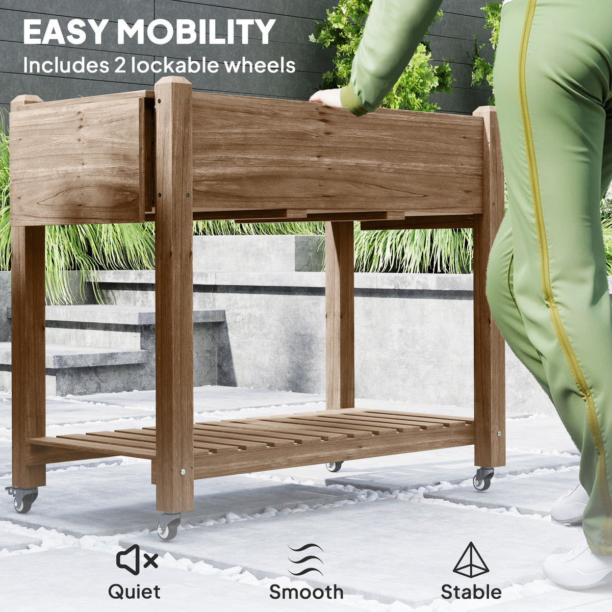 Wooden Elevated Planter Box with Lockable Wheels, Side Tables and Bottom Shelf, Carbonised