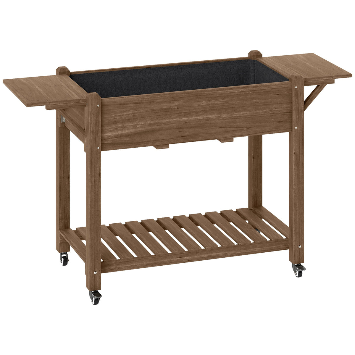Wooden Elevated Planter Box with Lockable Wheels, Side Tables and Bottom Shelf, Carbonised