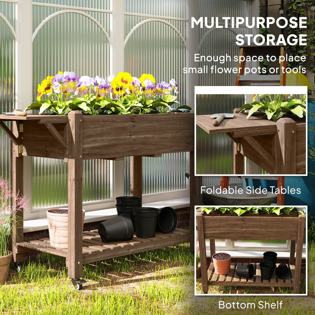 Wooden Elevated Planter Box with Lockable Wheels, Side Tables and Bottom Shelf, Carbonised