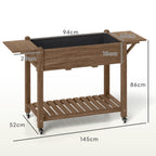 Wooden Elevated Planter Box with Lockable Wheels, Side Tables and Bottom Shelf, Carbonised