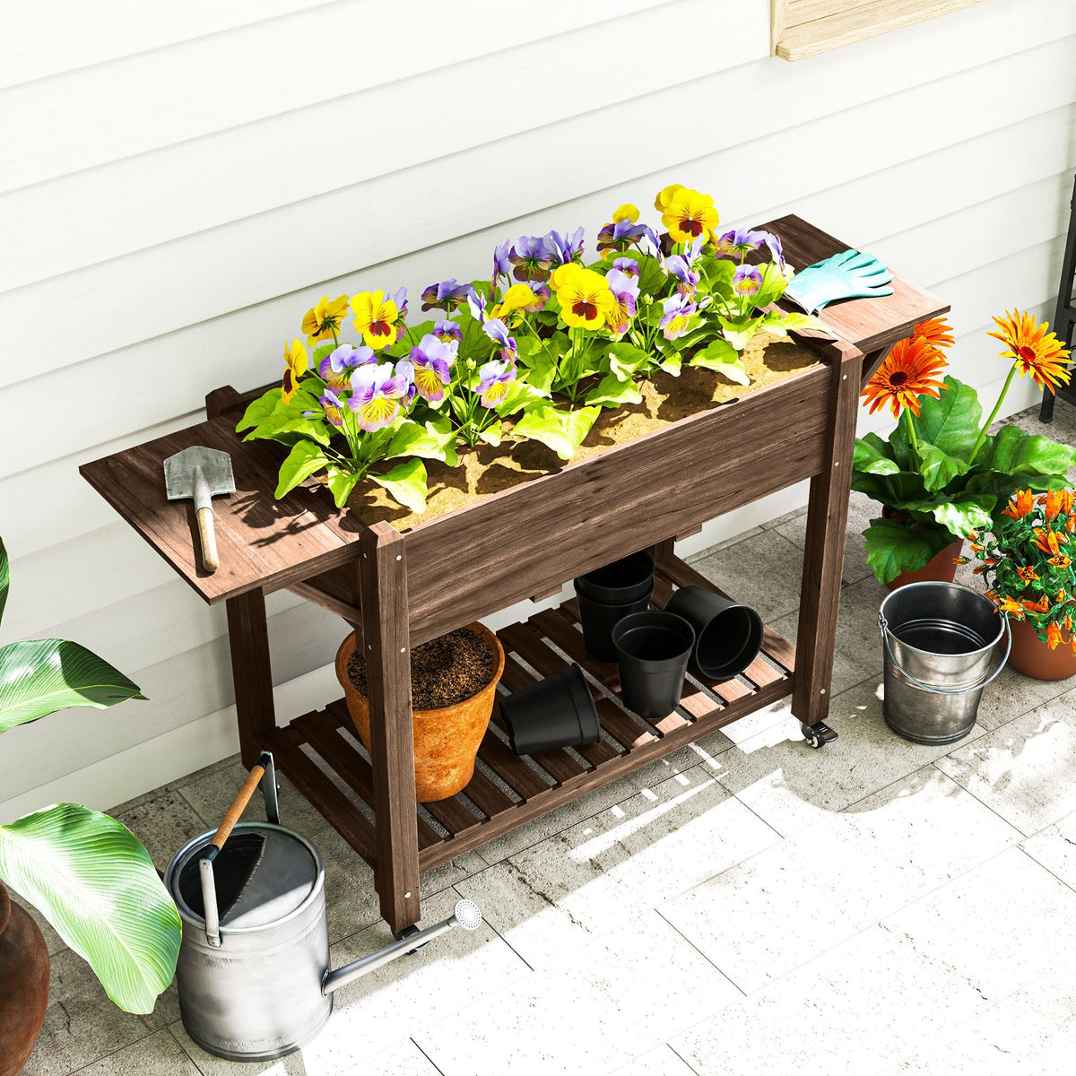 Wooden Elevated Planter Box with Lockable Wheels, Side Tables and Bottom Shelf, Carbonised
