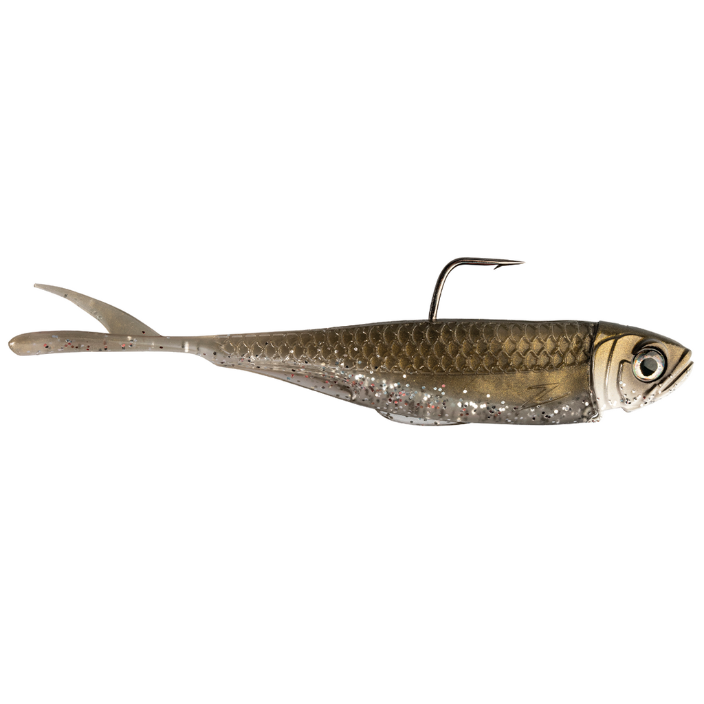 Z-Man Graph Shadz fishing lure designed to mimic a small baitfish with realistic scale texture, silver-gray body with glitter accents, and an embedded hook for fishing tackle use.