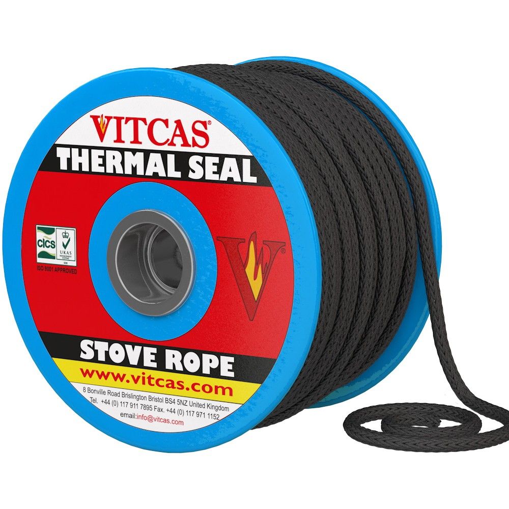 Vitcas Fire Rope Seal – Black Glass Fibre Stove Door Rope (550°C Heat Resistant) 50m Coil