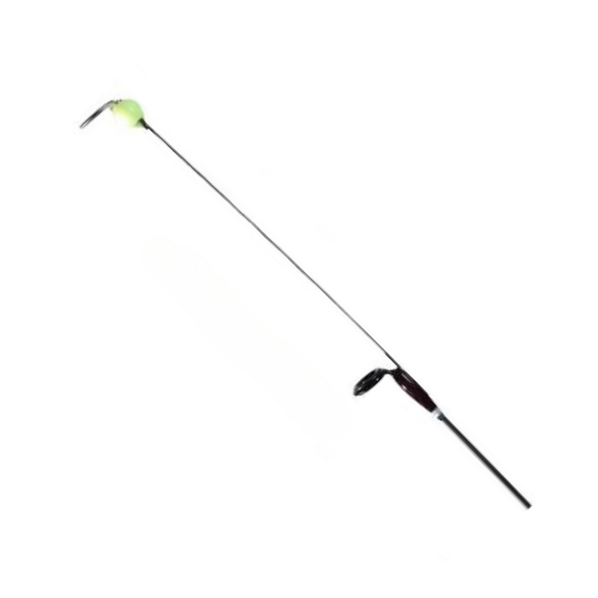 Thorne Bros. Ice Rod Guide Sets and Tripwires displayed on a lightweight black fishing rod designed for ice fishing, featuring a curved tip with a bright indicator and adjustable line guides.