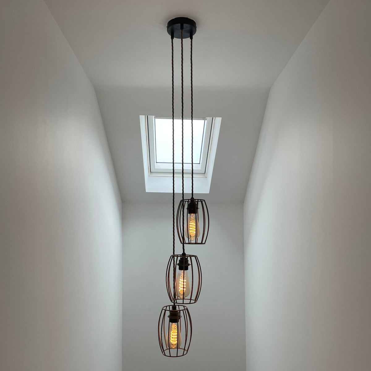 Triple Pendant Light with Cage Shades | Industrial Kitchen Island & Stairwell Lighting