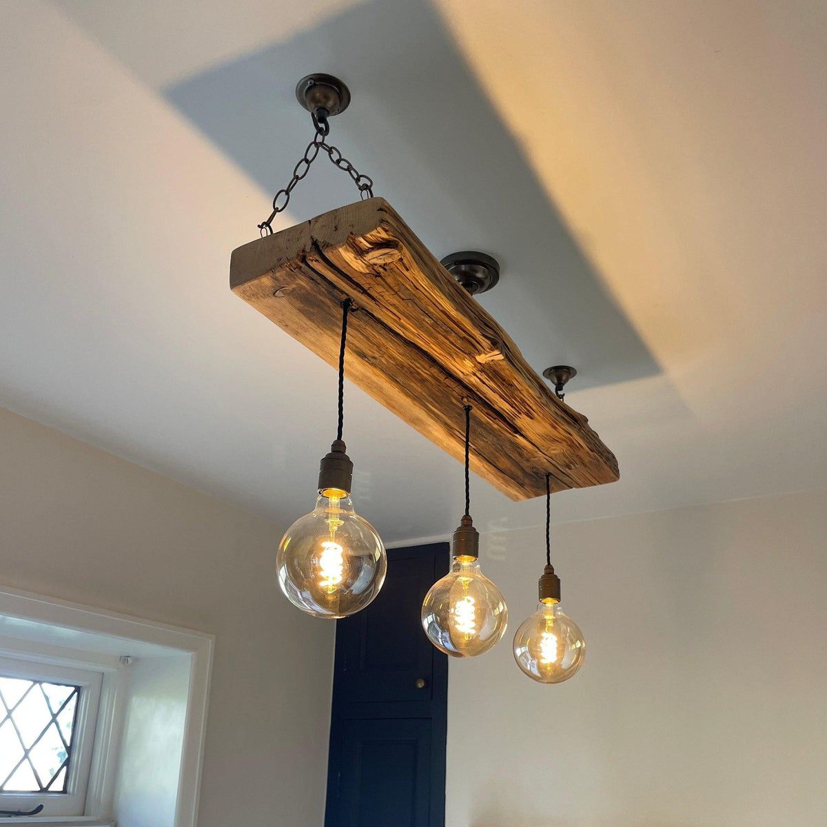 Triple Wooden Beam Chandelier | 3 Pendant Kitchen Island & Dining Lighting UK - MooBoo Home Lighting
