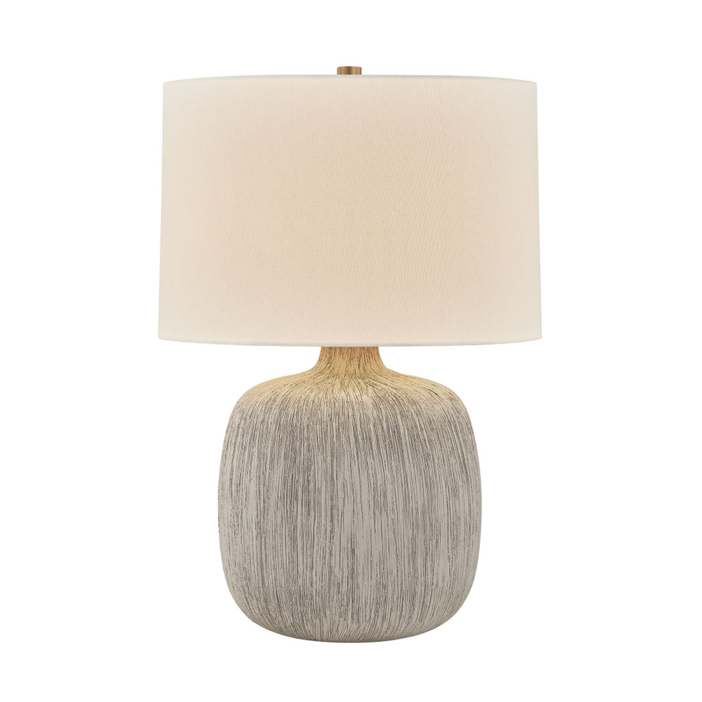 Keagan 24 in. Table Lamp, Patina Brass with Ceramic Stria Wheat & Off-White Linen Shade